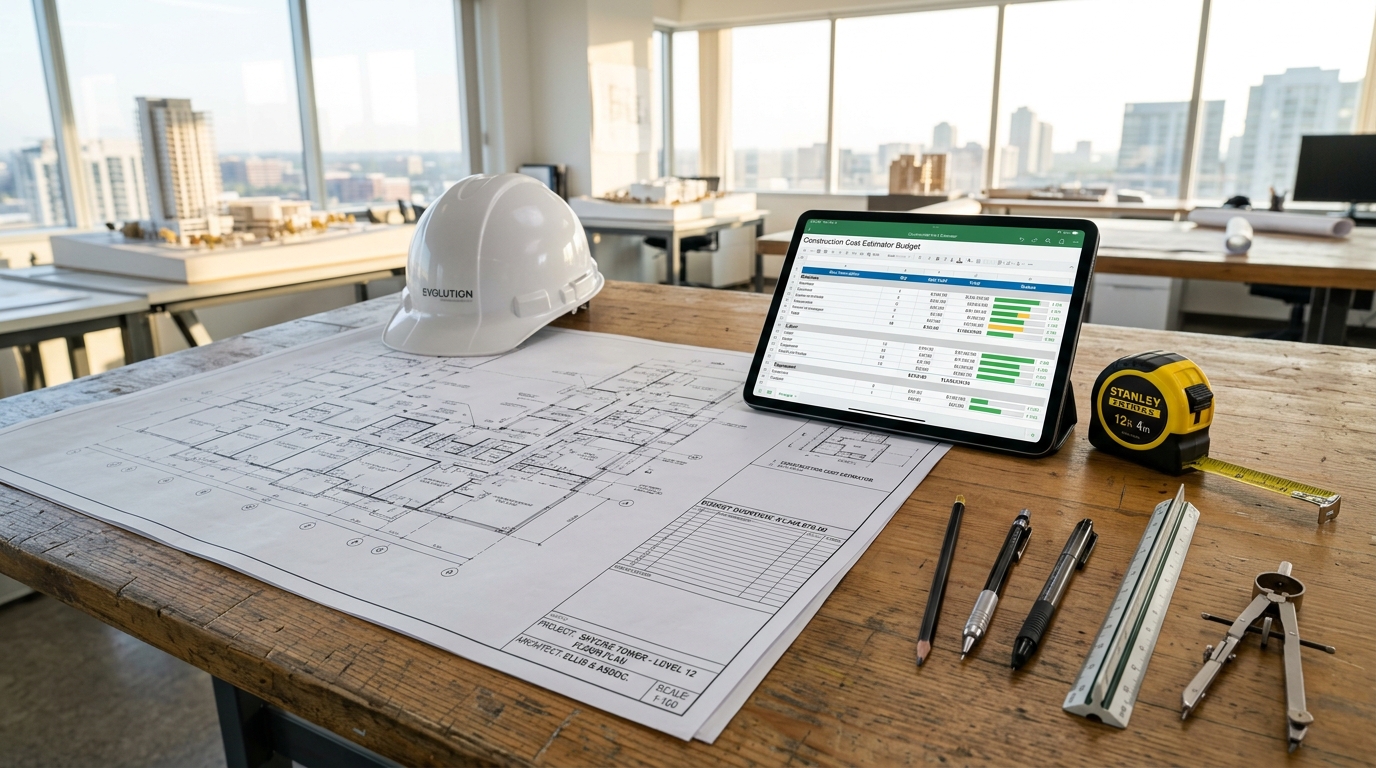 Contractor reviewing blueprints and estimating construction material costs with buildcacu